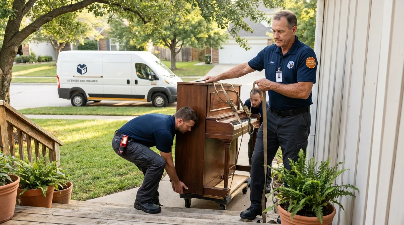 Licensed piano movers securing grand piano in Fallston, MD