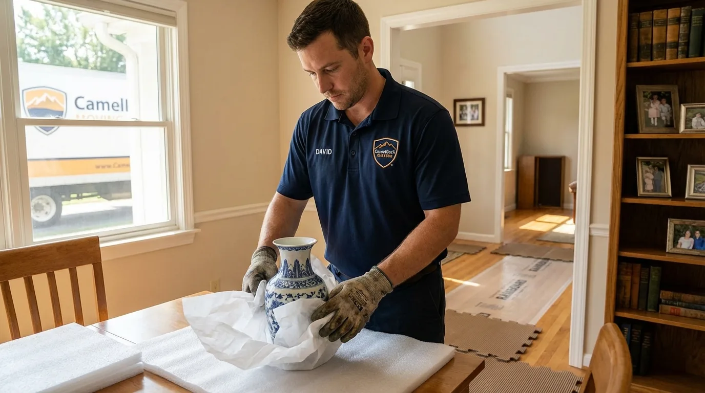 Professional crew carefully wrapping antique vase for senior downsizing move in Fallston, MD